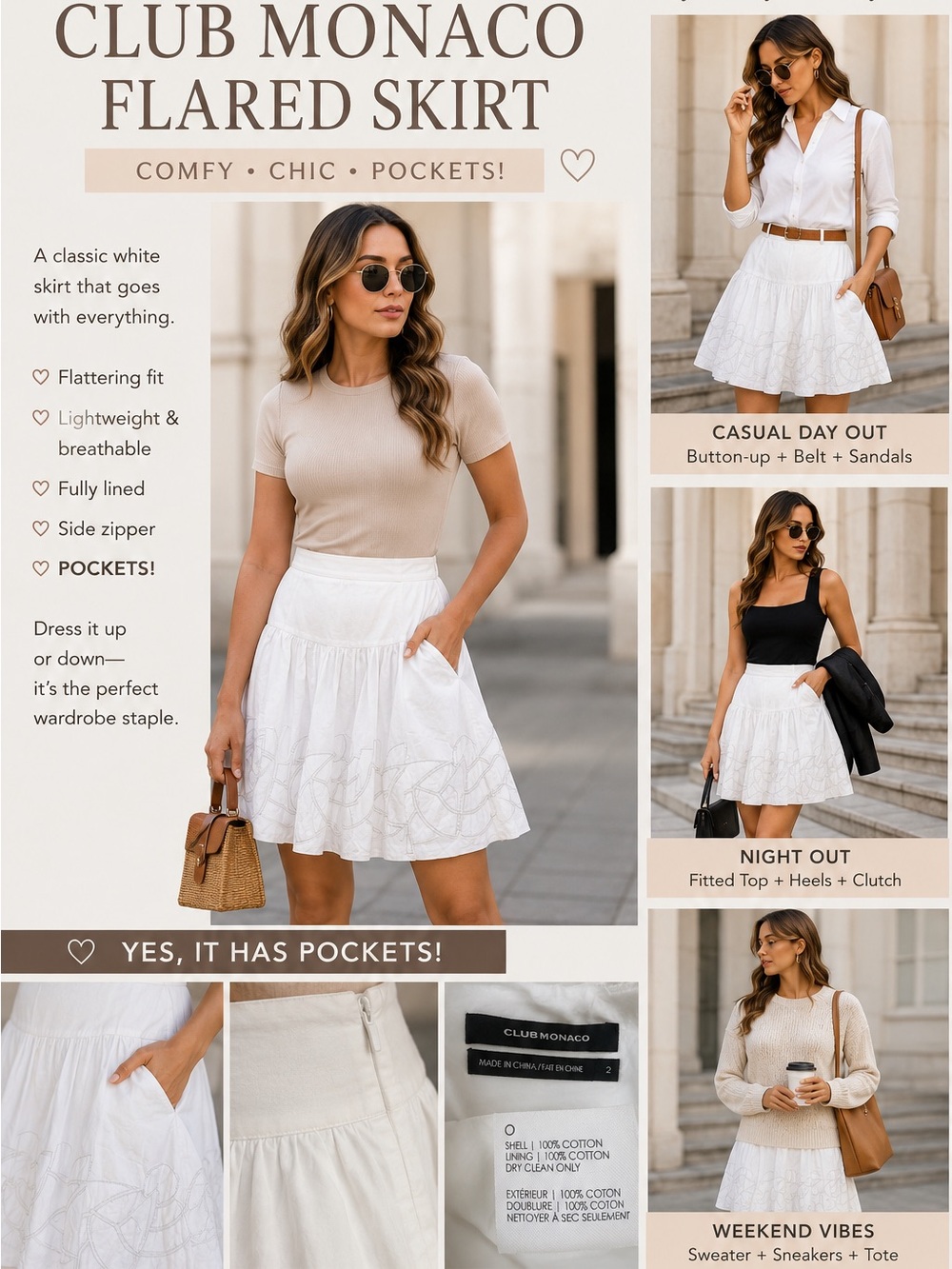Club Monaco White A-Line Flared Skirt with Pockets